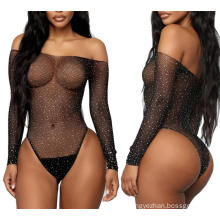 2021 See Through Temptation Bodysuit Sheer Mesh Femme Hot Transparent Shiny Sequin Fishnet Women Rhinestone Sexy Lingerie